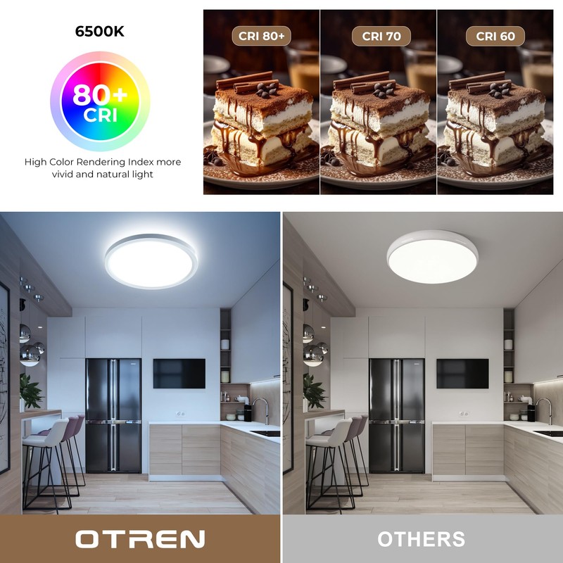 OTREN LED Flat Ceiling Light, 6500 K Round Bathroom Lamp,
