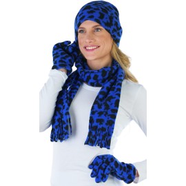 ToBeInStyle Bufanda de 3 piezas de forro polar de poliéster con estampado animal, guantes y sombrero para mujer, Azul / Patchwork, Talla única