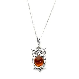 Sayers London Sterling Silver & Baltic Amber Owl Pendant on Chain/Necklace - Chain 16 + 2"