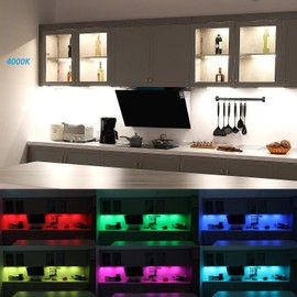 Kitchen Under Cabinet LED Light. RGBW. Color Change & Super Bright Cool White Light. Remote with Dimming. 6 LED Light Bars with Power Adapter, Extension Cable. Plug in. Easy to Install. RGB + 4000K.