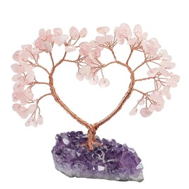 dssmboom Love Heart Rose Quartz Crystal Tree of Life on Raw Amethyst Cluster Base, Healing Stone Money Tree Bonsai for Meditation and Chakra Balancing