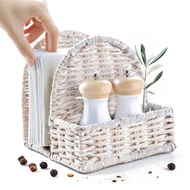Goraffia Rattan Napkin Holder with Salt & Pepper Organizer – 5.5"x5.5"x5.5" Cute Wicker Napkin Holder for Kitchen, or Dining Table, Handwoven Boho Organizer Tray (White Wash)