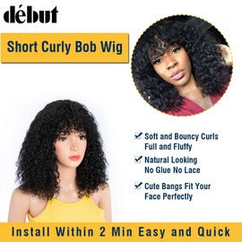DÉBUT Real Hair Wig with Fringe Short Curly Bob Wig Real Hair Jerry Curl Bob Wig for Black Women 150% Density Not Lace Front Glueless Wig (35 cm, 1B)