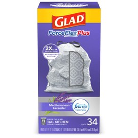 Glad Trash Bags, ForceFlexPlus Tall Garbage Drawstring Garbage Bags - 13 Gallon Grey Trash Bag, Lavender with Febreze Freshness 34 Count (Package May Vary)