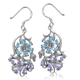 Silvershake Genuine Blue Topaz and Amethyst 925 Sterling Silver Flower Leaf Dangle Hook Earrings