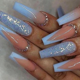 MISUD Press on Nails - Long Coffin Glue on Nails with Summer Blue, Acrylic French Tip Design 24 pcs