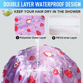 Shower Caps for Women Reusable Waterproof, Adjustable Double Layer Shower Cap, Hair Cap, Bathing Cap Shower Hat Fit for Kids Adult Hair Protection