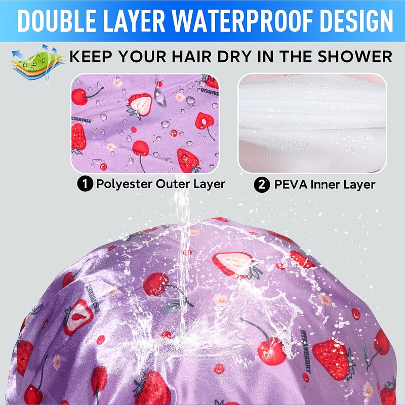 Shower Caps for Women Reusable Waterproof, Adjustable Double Layer Shower