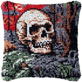 Skull & Forest Latch Hook Pillowcase Kits for Adults and Starter DIY Cushion Cross Stitch Latch Hook Rug Kits with Preprinted Canvas Crochet Yarn Kits Needlework Crafts 17'' X 17''