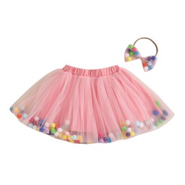 Toddler Girl Tutu Skirt Colorful Floating Pom Poms Tulle Skirts Headband Birthday Tutu Outfit Princess Ballet Dress (Pink, 3-4 Years)