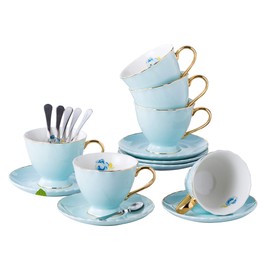 Jusalpha® Fine China Tea Cup and Saucer Coffee Cup Set with Saucer and Spoon Set of 6 (FD-TCS02 blue (6), 7oz)