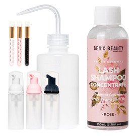Eyelash Cleanser Concentrate 100ml Lash Extension Foaming Shampoo Set including 100Cleanser Concentrate 3 Foam Dispenser Bottles 3 lash Shampoo Brushes 1 squeeze bottle Non-lrritating Lash Wash (Rose)