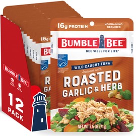 Bumble Bee Roasted Garlic & Herb Seasoned Tuna, 2.5 oz Pouches (Pack of 12) - Ready to Eat - Wild Caught Tuna Packet - 16g Protein per Serving - Gluten Free
