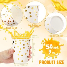 Pack of 50 Paper Cups, Gold Dot 250 ml Party Cups, Disposable Cups Biodegradable for Party Supplies Wedding Party Coffee Tea Hot and Cold Drinks