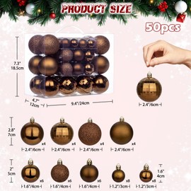 50pcs Brown Christmas Ball Ornaments Large Shatterproof Christmas Tree Decorations Xmas Tree Christmas Ornaments Balls with Hanging Loop for Christmas Wedding Holiday Party Wreath Home Decor