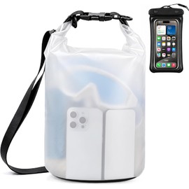 Bolsa Seca Impermeable Deportes Acuáticos con Funda Celular (Blanco, 5L) Dry Bag 500D PVC Resistente, Ajustable y Ligera, Mochila Estanca Transparente, para Kayak, Natación, Playa y Senderismo