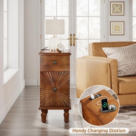 Trggivs Solid Wood Sunburst End Table with Charging Station, No Assembly Required 2 Drawers Sofa Side Table for Living Room, Vintage Nightstand Bedside Table for Bedroom