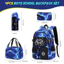 Scothen Boys Backpack, Cool Luminous Gamer School Backpacks for Boys with 14oz Insulated Water Bottle Lunch Bag Pencil Case, Kids Backpack Book Bags for Kindergarten Elementary Middle School