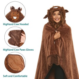 Shoppawhile Highland Cow Gifts Wearable Hooded Blanket for Women Soft Warm Fluffy Highland Cow Hooded Blanket 59 * 51 inch