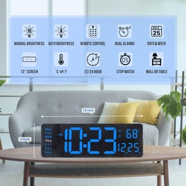 Plumeet Digital Wall Clock, 13’’ Large LED Wall Clock with Remote Control, Big Digits, Auto-Dimming, 2 Alarm, Silent Wall Clock Show Date Week Temp (Include Adapter), Blue
