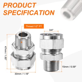 sourcing map Compression Fitting 3/4" Tube OD x 1/2" PT Male Thread Stainless Steel Straight Coupler Adapter Compression Tube Pipe Fitting Connector for Oil Gas Water
