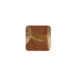 Amicon 6Pcs Gold Anklets for Women Waterproof 14K Gold Plated Ankle Bracelets for Women Trendy Layered Cuban Link Chain Herringbone Cute Anklets set Beach Jewelry Fashion Gift for Women