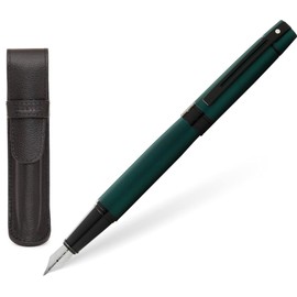 Sheaffer 300 Matte Green Pen with Contrasting Black PVD Trims and Matching Pouch gift Set (Fountain, Fine nib)