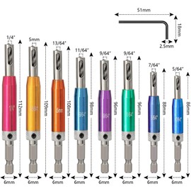 Raheem 8 Pcs Hinge Drill Bit Set With Sharpener and Countersink Guide - HSS Self Centering Bits, 1/4" Hex Shank, Sizes: 5/64", 7/64", 9/64", 11/64", 5mm, 13/64", 1/4"