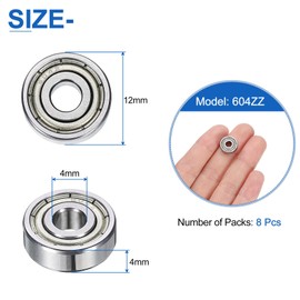 sourcing map 8pcs 604ZZ Deep Groove Ball Bearings 4 x 12 x 4mm High Carbon Steel Double Shield Bearings for Electric Motor, Home Appliances, Garden Machinery, Silver Tone