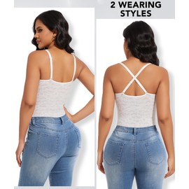 SHAPERIN Women’s Shapewear Lace Tummy Control Body Shaper Bodysuit Built-in Bra Deep V Neck Jumpsuit Tops White M