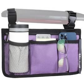 WEEOATAR Wheelchair Side Bags Storage Pouch with Cup Holder, Water-Resistant, Easy to Use with Release Buckle, Side Pocket with Reflective Stripe for Wheelchairs, Walkers or Rollator (Purple)