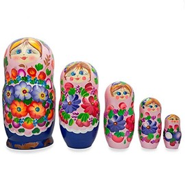 BestPysanky Flowers on Pink Dress Wooden Matryoshka Russian Nesting Dolls 7.25 Inches