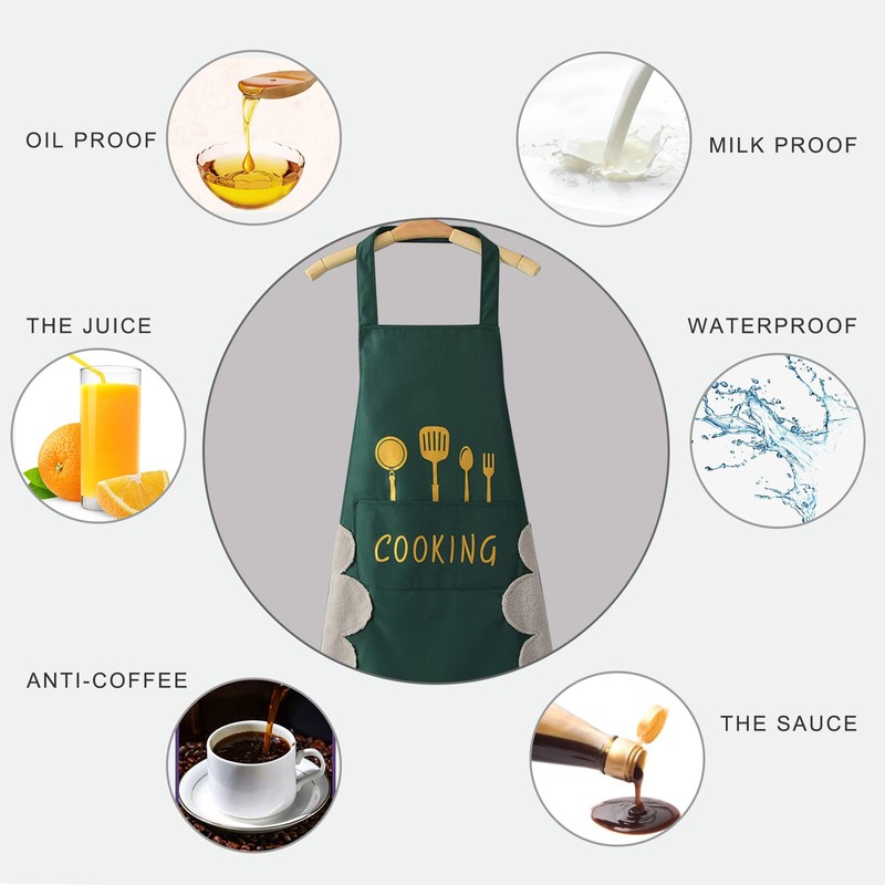 DILLMAN Women Kitchen Apron with Hand Wipe Pockets，Big Pocket,Hand-wiping, Waterproof