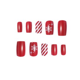 Christmas Press on Nails Medium Square Winter Fake Nails Wine Red Full Cover White Snow Candy Cane False Nails with Designs Glossy Glue on Nails Acrylic Manicure Artificial Nails for Women Girls
