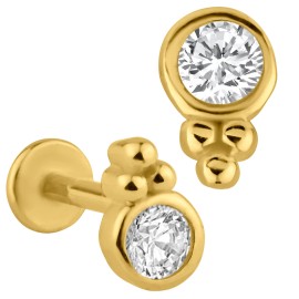 Body Jewelry 14k Solid Gold Single Round Bezel Zircon w/ Three Bead Cluster Internally Thread