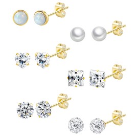 Staligue 5MM Titanium Earrings for Women men,20G Titanium Stud Earrings for Sensitive Ears Hypoallergenic Opal Pearl Cubic Zirconia Small Surgical Steel Earrings Silver Stud Earrings Set for women