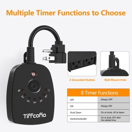 TiFFCOFiO Outdoor Light Timer Waterproof, Remote Control Dusk to Dawn Light Sensor Timer, 100 FT Range, Plug in, 2 Grounded Outlets for Home and Garden, 15A/1875W, ETL Listed