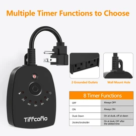 TiFFCOFiO Outdoor Light Timer Waterproof, Remote Control Dusk to Dawn Light Sensor Timer, 100 FT Range, Plug in, 2 Grounded Outlets for Home and Garden, 15A/1875W, ETL Listed
