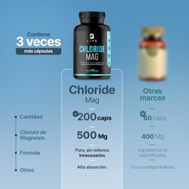Cloruro de Magnesio 500mg. 200 Cápsulas Ingredientes Naturales. Chloride Mag B Life.