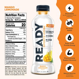 Ready® Sports Drink Light – The Ultimate Low-Calorie Hydration Drink with 4 Different Electrolytes – No Added Sugars – Naturally Sweetened & Flavored – Mango Lemonade,16.9 oz (12-Pack)