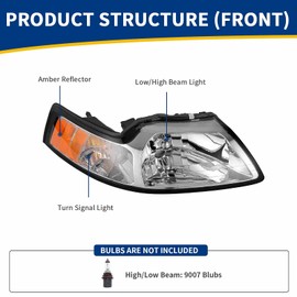 AUTOSAVER88 Headlight Assembly Compatible with Ford Mustang 1999 2000 2001 2002 2003 2004 Replacement Headlamp kit Chrome Housing Clear Lens