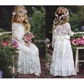 Toddler Flower Girl Fancy Ivory White Lace Boho Long Sleeve Full Length Slim Maxi Princess Dresses
