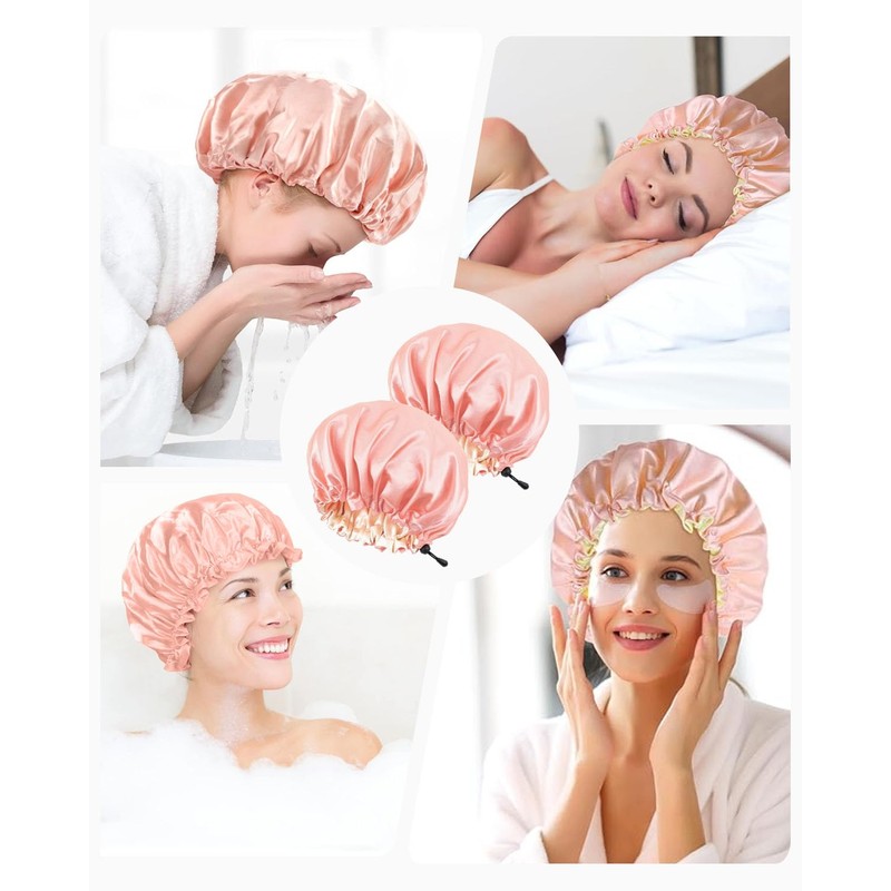 LOZTBUE Pack of 2 Pink Waterproof Shower Cap, Reusable Shower