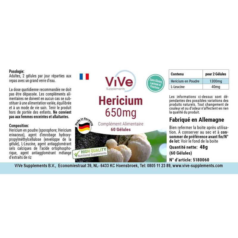 Hericium 650 mg – 60 Capsules Mushroom Powder – Vital