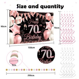 21th Birthday Backdrop Banner Rose Gold & Black Milestone Decorations Set, Includes Birthday Backdrop, Spiral Decorations for Men Women Milestone Birthdays Celebrations 180×110cm