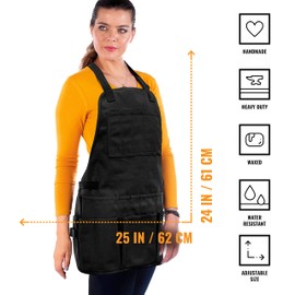 Under NY Sky Tool Apron - 20 Pockets and Slots, Cross-Back, Heavy-Duty Waxed Canvas - Woodwork, Garden, Shop (Black Cross-Back)