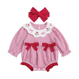 Baby Girl Christmas Outfit Santa Bubble Romper Long Sleeve Doll Collar Plaid Jumpsuit Boutique Fall Clothes (Red Christmas Dog Print, 0-3 Months)