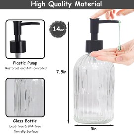 Clear Glass Soap Dispenser with Pump, 2 Pack 13.5oz Bathroom Soap Dispenser with Vertical Stripe for Hand Wash and Dish Wash, Elegant Refillable Hand Dispenser for Dishwashing Liquid, Lotion