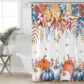 Fall Thanksgiving Shower Curtain Watercolor Autumn Pumpkins Eucalyptus Leaves Waterproof Shower Curtain with Hooks Blue Orange Shower Curtains for Bathroom, Hotel, Stalls, Bathtubs, 72x72 Inch