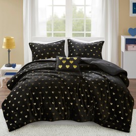Mi Zone Twin Comforter Set, 3 Piece Metallic Hearts Bedroom Set for Girls, Twin Bed Set Soft Plush Comforter, Rosalie All Season Fluffy Twin Size Bedding Set, Twin/Twin XL, Black/Gold 3 Piece